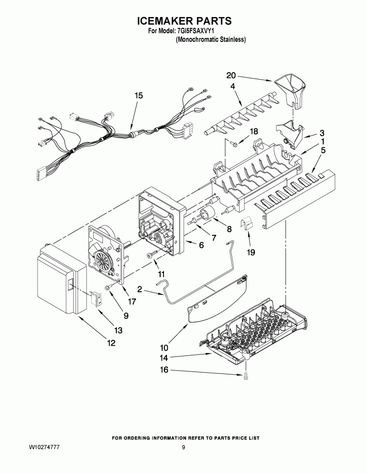 ICEMAKER PARTS Diagram and Parts List for 7GI5FSAXVY1  Whirlpool Refrigerator