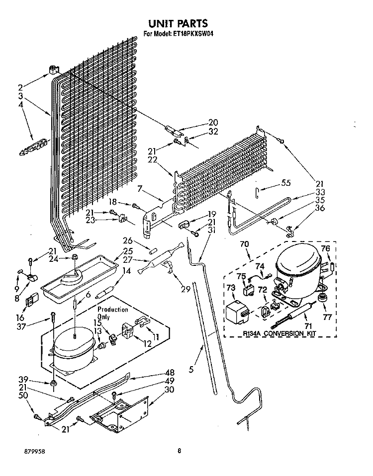 UNIT Diagram and Parts List for ET18PKXSW04  Whirlpool Refrigerator