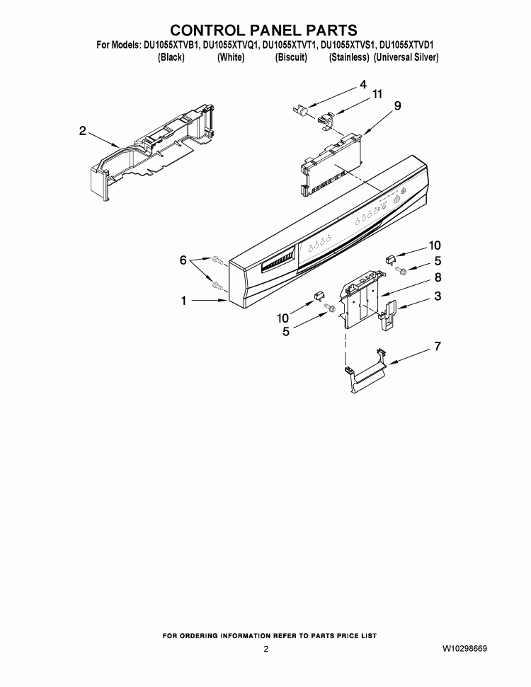 CONTROL PANEL PARTS Diagram and Parts List for DU1055XTVB1  Whirlpool Dishwasher