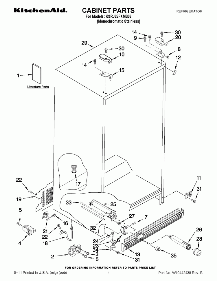 CABINET PARTS Diagram and Parts List for KSRJ25FXMS02  KitchenAid Refrigerator