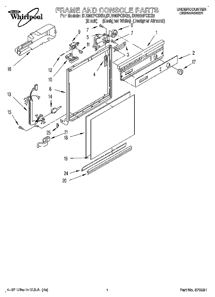 FRAME AND CONSOLE Diagram and Parts List for DU900PCDB5  Whirlpool Dishwasher