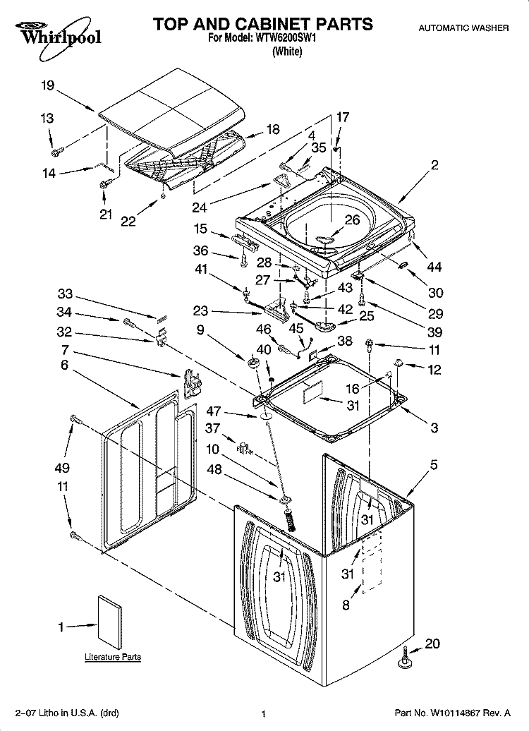 TOP AND CABINET PARTS Diagram and Parts List for WTW6200SW1  Whirlpool Washer