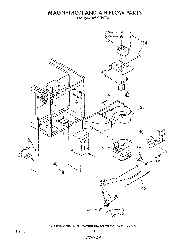 MAGNETRON AND AIRFLOW Diagram and Parts List for RM778PXT1  Whirlpool Microwave Oven Combo