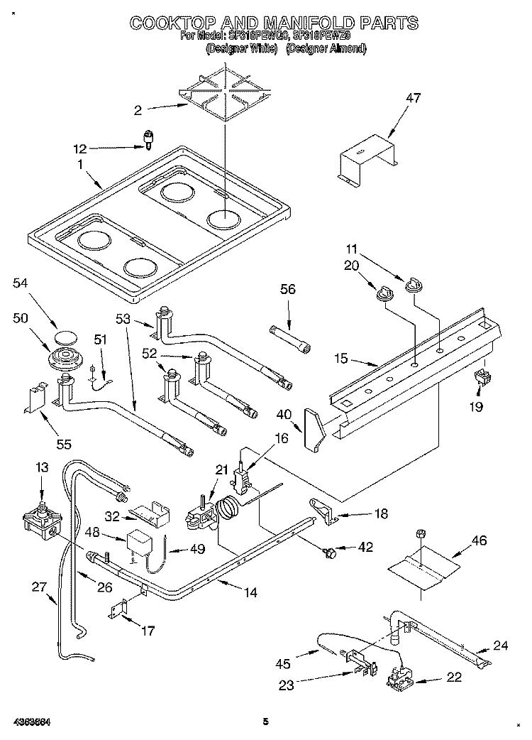 COOKTOP AND MANIFOLD, LITERATURE Diagram and Parts List for SF318PEWZ0  Whirlpool Range