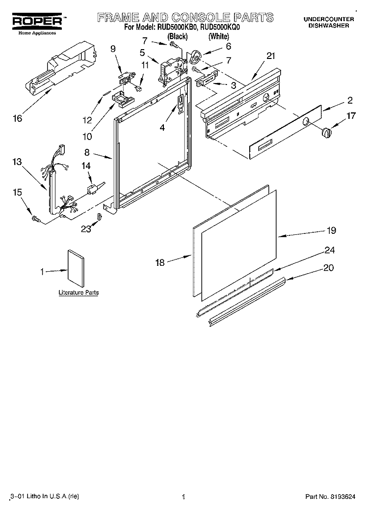 FRAME AND CONSOLE, LITERATURE Diagram and Parts List for RUD5000KB0  Roper Dishwasher