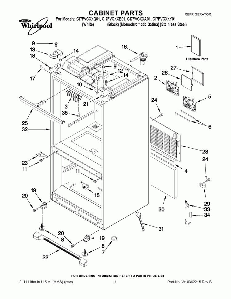 CABINET PARTS Diagram and Parts List for GI7FVCXXB01  Whirlpool Refrigerator
