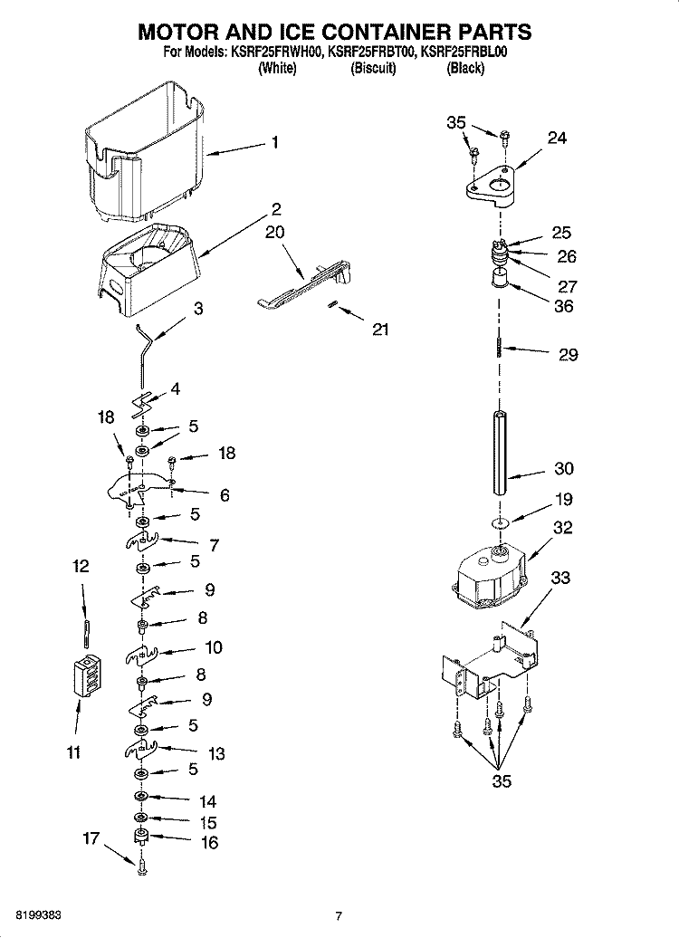 MOTOR AND ICE CONTAINER PARTS Diagram and Parts List for KSRF25FRBL00  Whirlpool Refrigerator