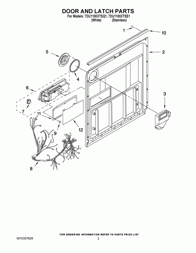 DOOR AND LATCH PARTS Diagram and Parts List for 7DU1100XTSQ1  Whirlpool Dishwasher