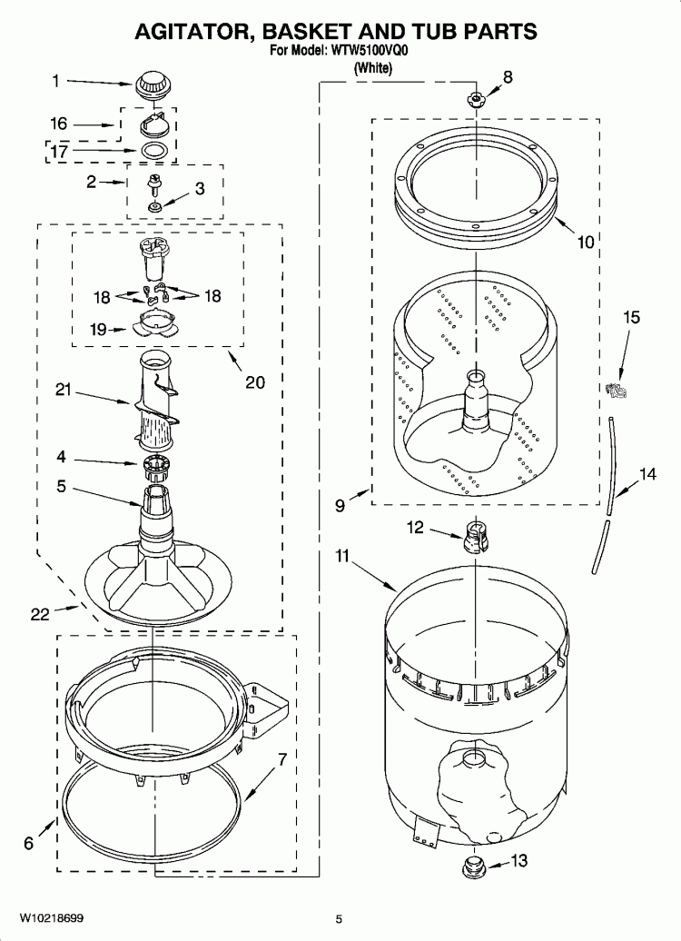 AGITATOR, BASKET AND TUB PARTS Diagram and Parts List for WTW5100VQ0  Whirlpool Washer