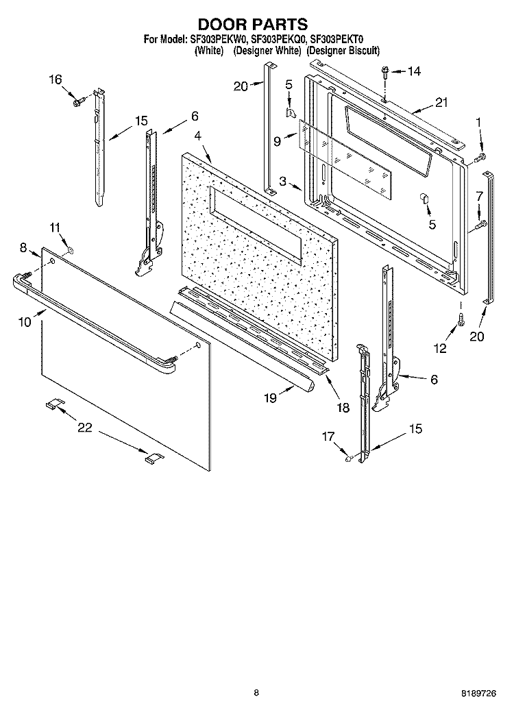 DOOR, OPTIONAL Diagram and Parts List for SF303PEKT0  Whirlpool Range
