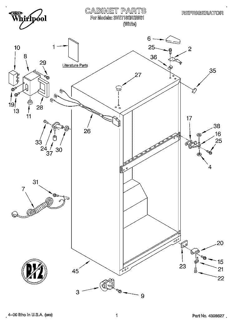CABINET, LITERATURE Diagram and Parts List for 3VET18GKGW01  Whirlpool Refrigerator