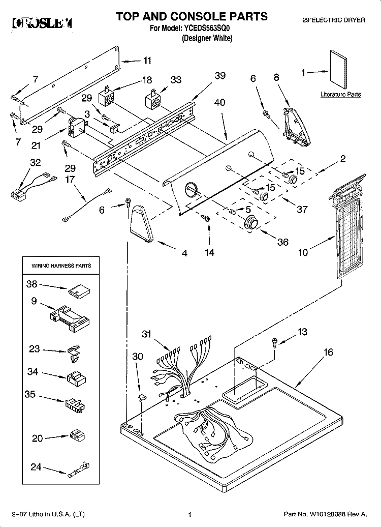 TOP AND CONSOLE PARTS Diagram and Parts List for YCEDS563SQ0  Crosley Dryer