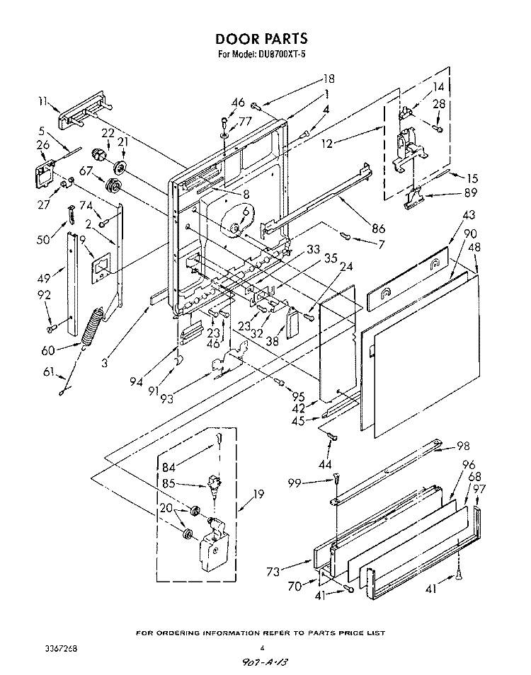 DOOR Diagram and Parts List for DU8700XT5  Whirlpool Dishwasher
