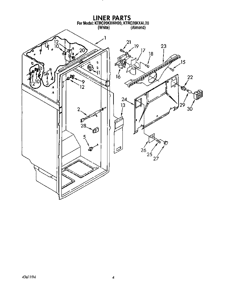 LINER Diagram and Parts List for KTRC20KXWH20  Whirlpool Refrigerator