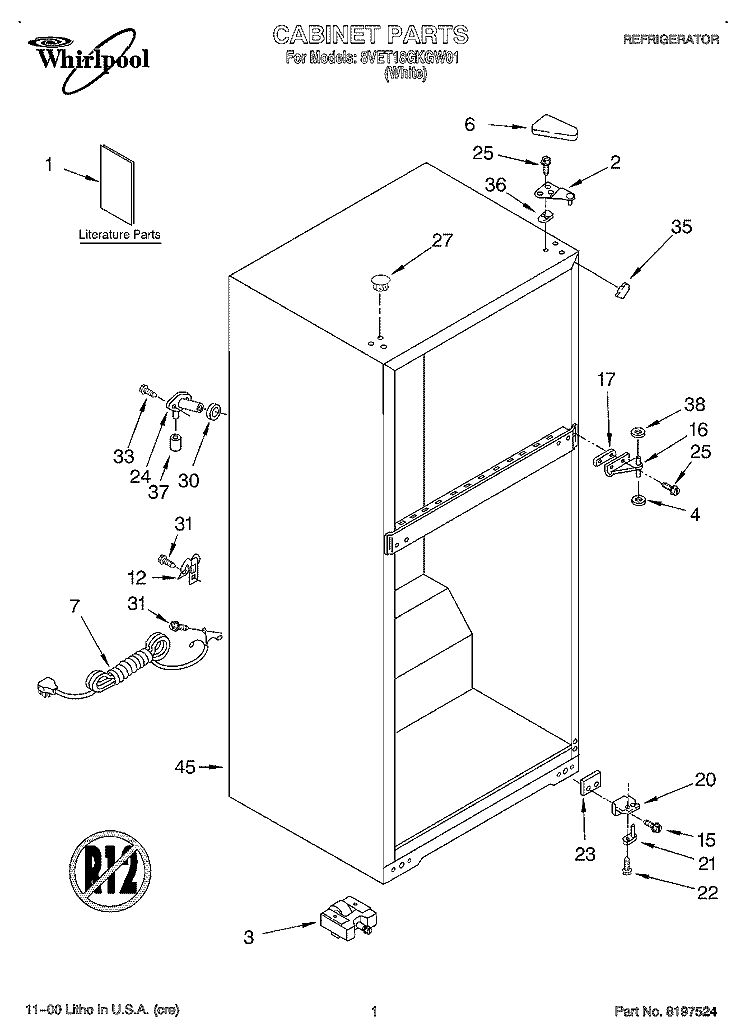 CABINET, LITERATURE Diagram and Parts List for 8VET18GKGW01  Whirlpool Refrigerator