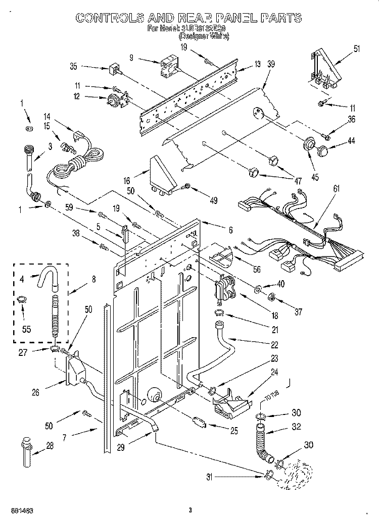 CONTROLS AND REAR PANEL Diagram and Parts List for 3LBR6132EQ0  Whirlpool Washer