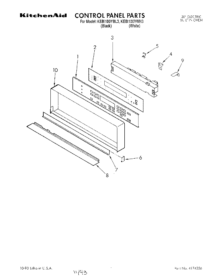 CONTROL PANEL Diagram and Parts List for KEBI100YBL3  KitchenAid Wall Oven