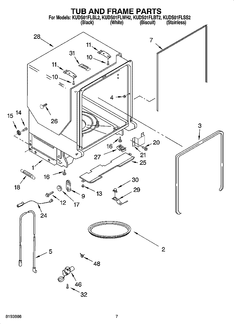 TUB AND FRAME PARTS Diagram and Parts List for KUDS01FLBL2  KitchenAid Dishwasher
