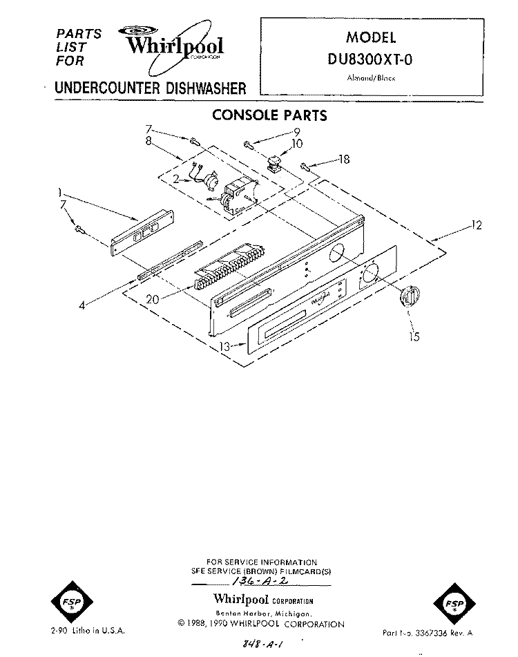 CONSOLE Diagram and Parts List for DU8300XT0  Whirlpool Dishwasher