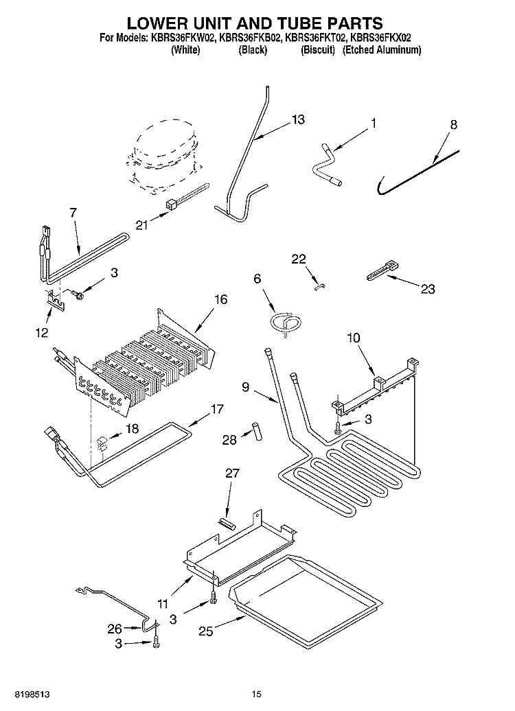 LOWER UNIT AND TUBE PARTS Diagram and Parts List for KBRS36FKX02  KitchenAid Refrigerator