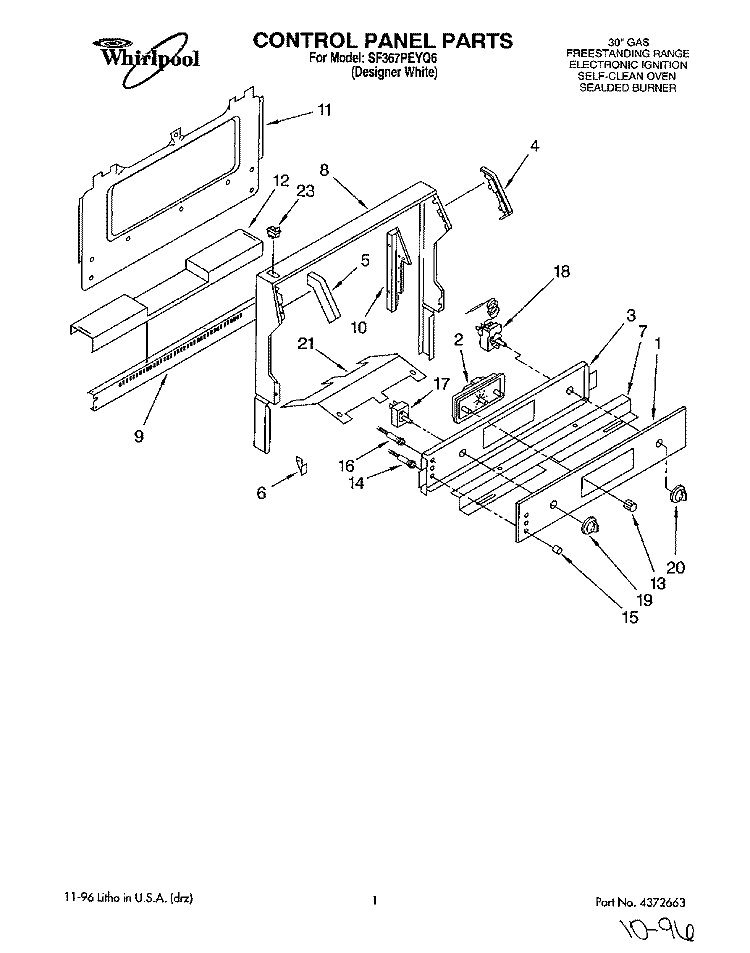 CONTROL PANEL Diagram and Parts List for SF367PEYQ6  Whirlpool Range