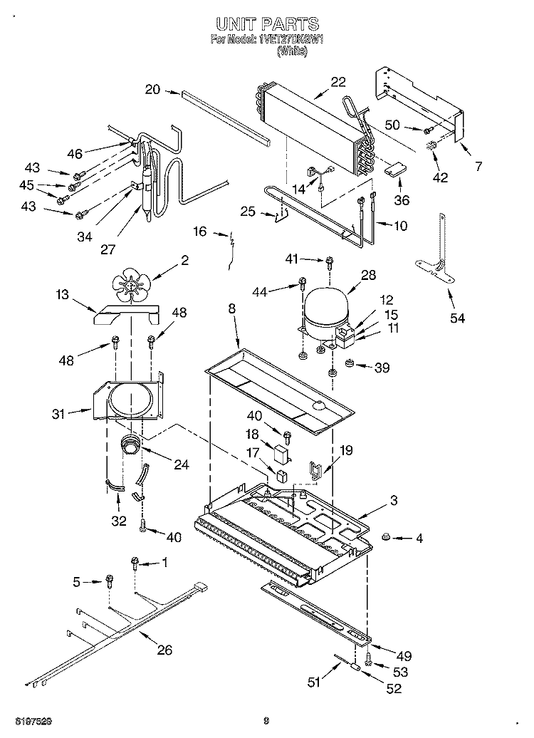 UNIT Diagram and Parts List for 1VET27DKGW1  Whirlpool Refrigerator