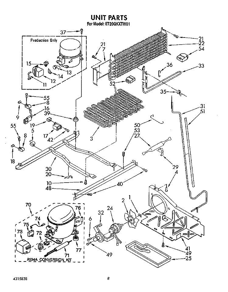 UNIT Diagram and Parts List for ET20GKXTF01  Whirlpool Refrigerator