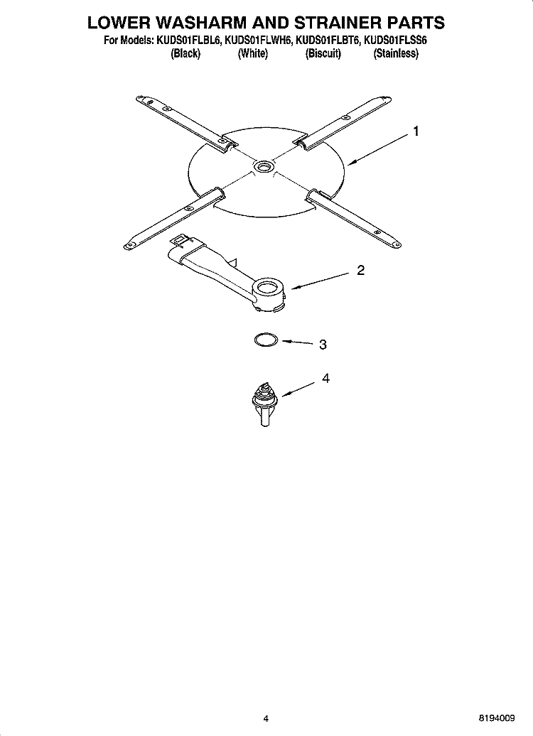 LOWER WASHARM AND STRAINER PARTS Diagram and Parts List for KUDS01FLSS6  KitchenAid Dishwasher