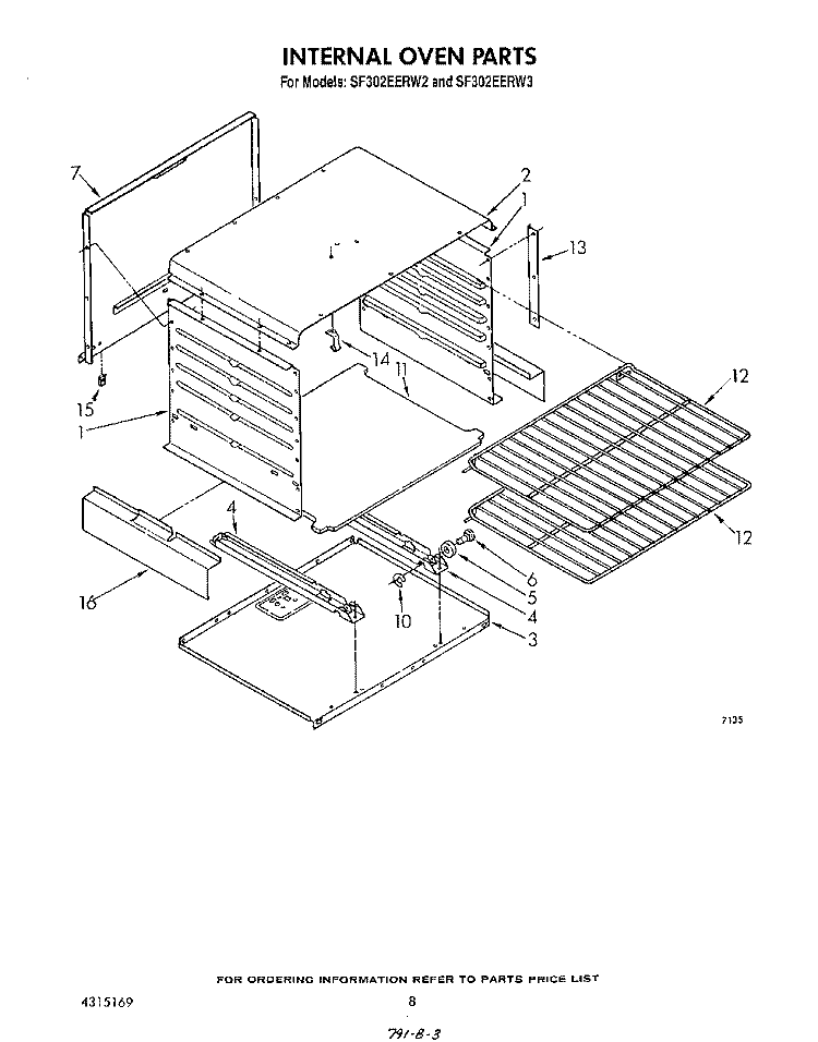 INTERNAL OVEN Diagram and Parts List for SF302EERW3  Whirlpool Range