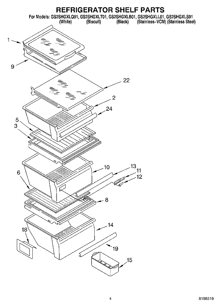 REFRIGERATOR SHELF Diagram and Parts List for GS2SHGXLT01  Whirlpool Refrigerator