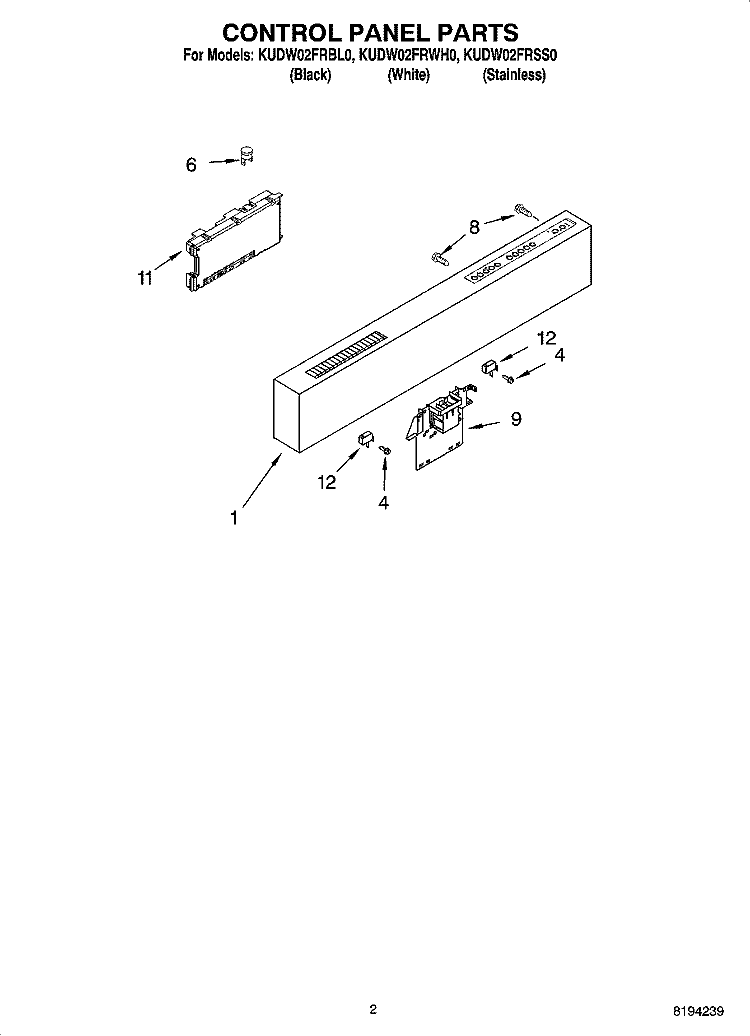 CONTROL PANEL PARTS Diagram and Parts List for KUDW02FRWH0  KitchenAid Dishwasher