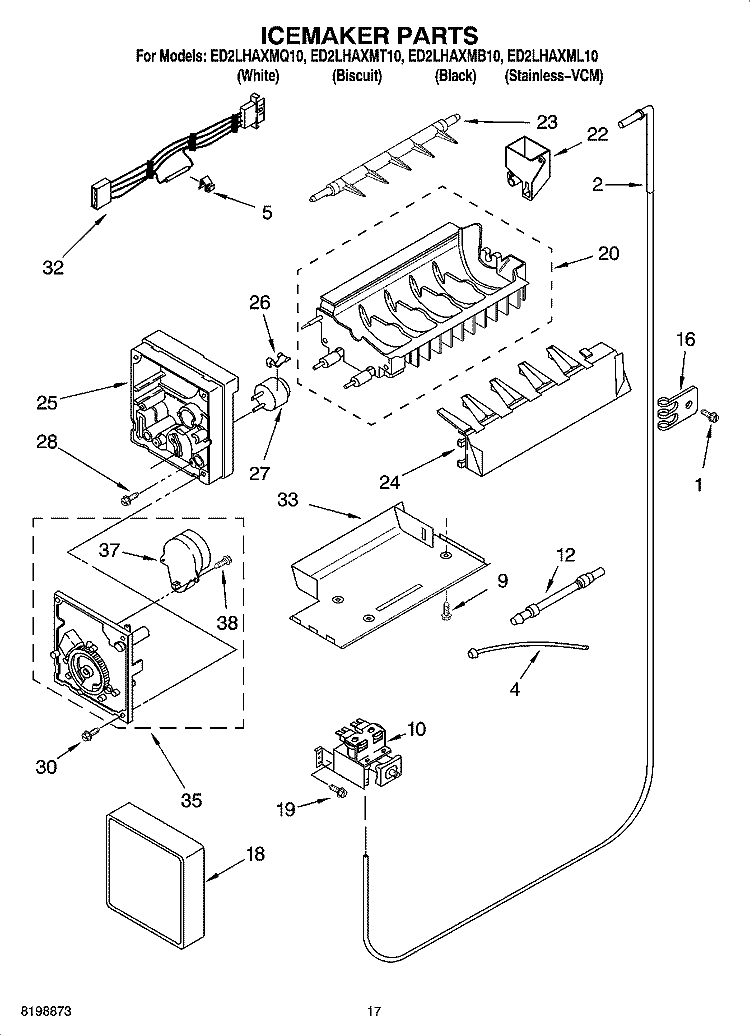 ICEMAKER PARTS Diagram and Parts List for ED2LHAXMB10  Whirlpool Refrigerator