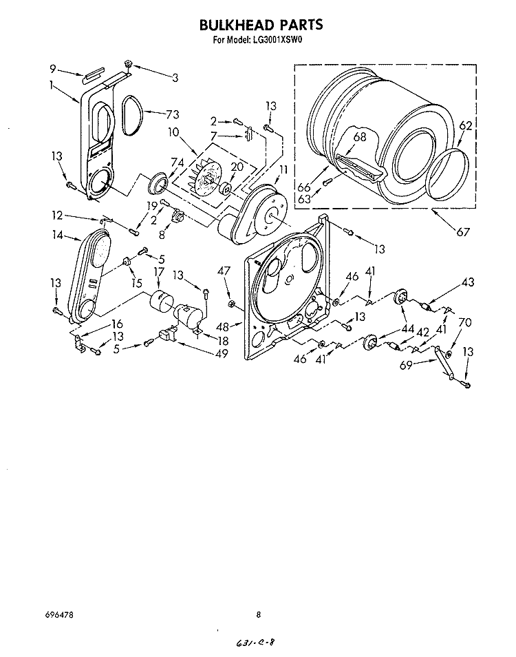 BULKHEAD Diagram and Parts List for LG3001XSW0  Whirlpool Dryer