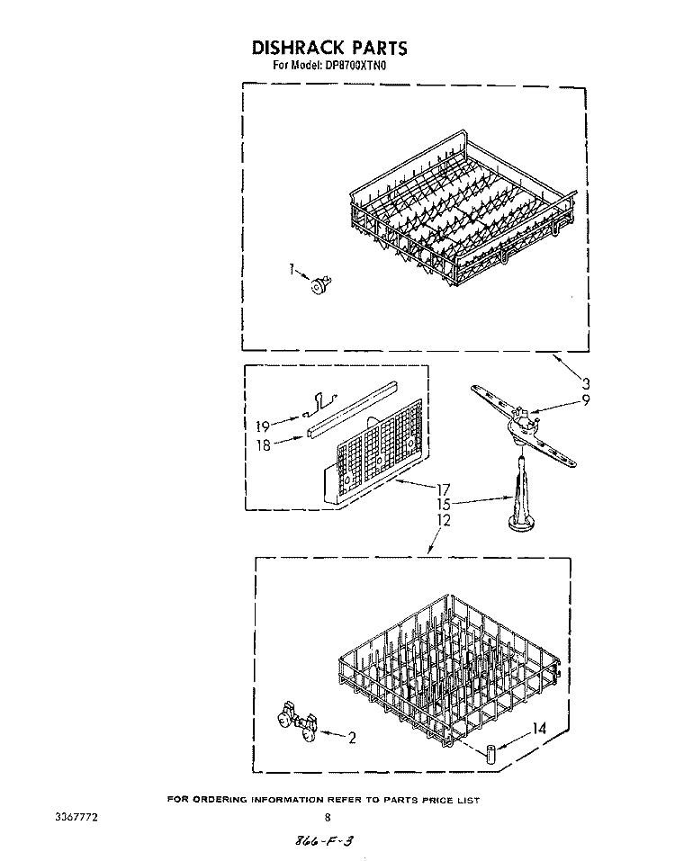 DISHRACK Diagram and Parts List for DP8700XTN0  Whirlpool Dishwasher