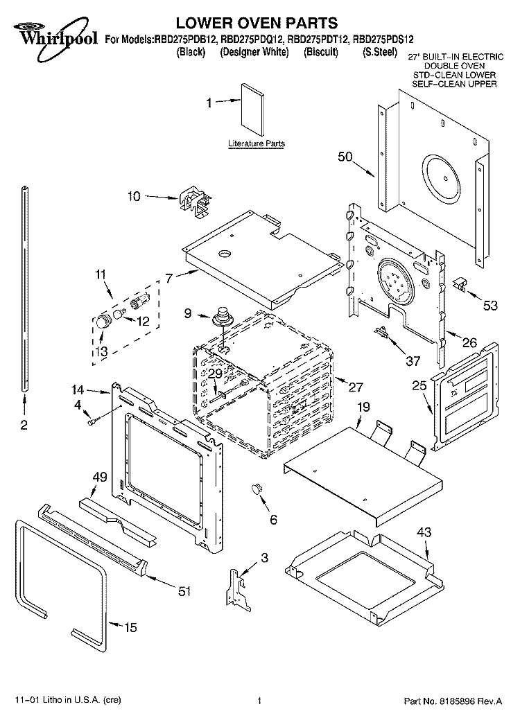 LOWER OVEN, LITERATURE Diagram and Parts List for RBD275PDQ12  Whirlpool Wall Oven