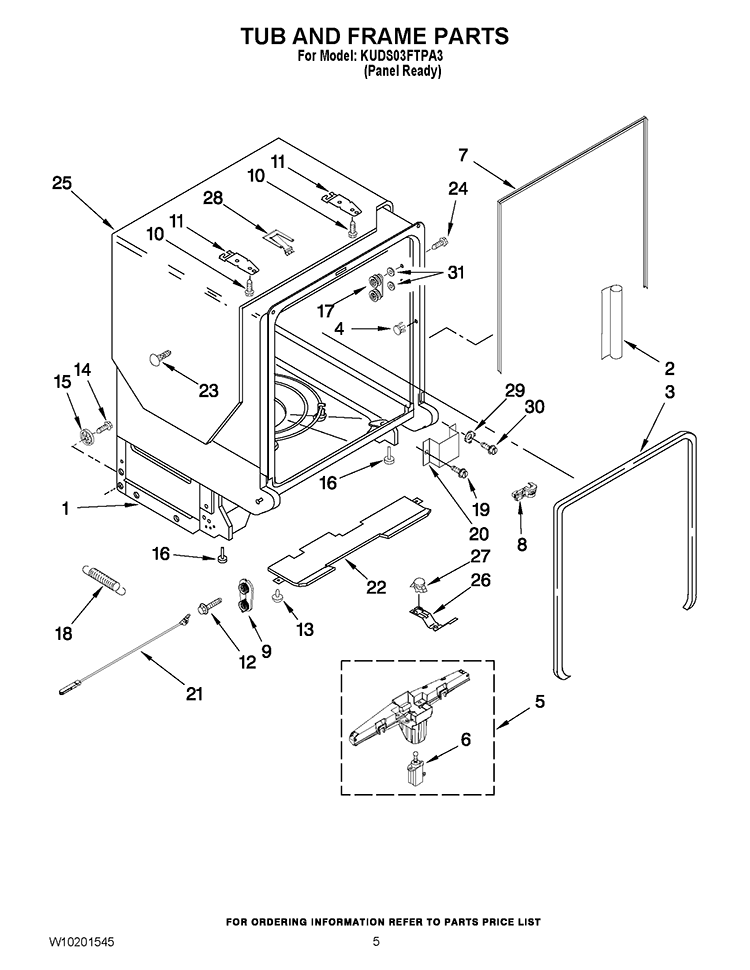 TUB AND FRAME PARTS Diagram and Parts List for KUDS03FTPA3  KitchenAid Dishwasher