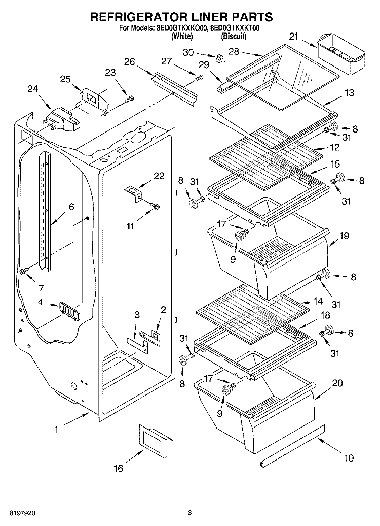 REFRIGERATOR LINER Diagram and Parts List for 8ED0GTKXKT00  Whirlpool Refrigerator