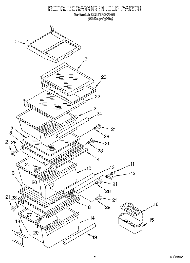 REFRIGERATOR SHELF Diagram and Parts List for 3XART745GW01  Whirlpool Refrigerator