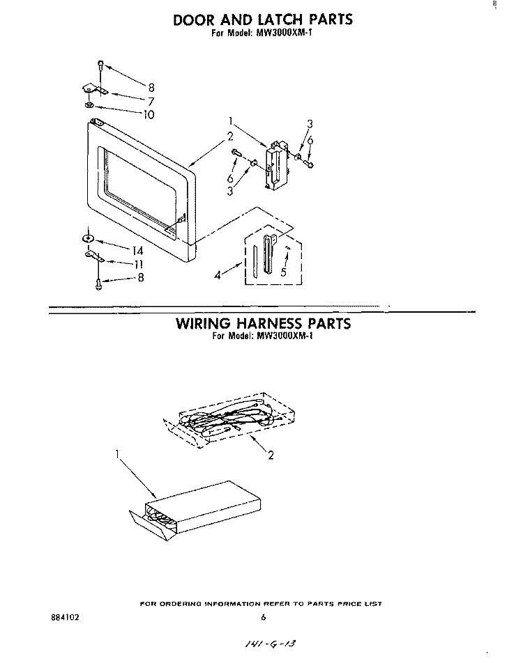 DOOR AND LATCH , WIRING HARNESS Diagram and Parts List for MW3000XM1  Whirlpool Microwave