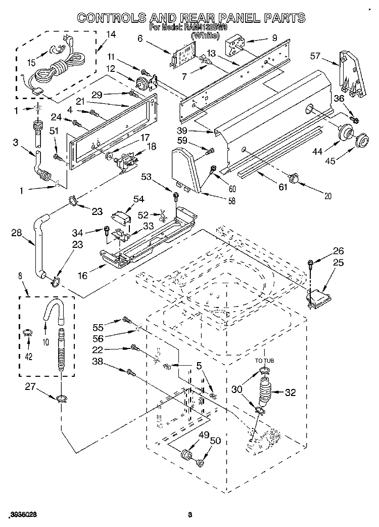 CONTROLS AND REAR PANEL Diagram and Parts List for RAM4132BW0  Whirlpool Washer