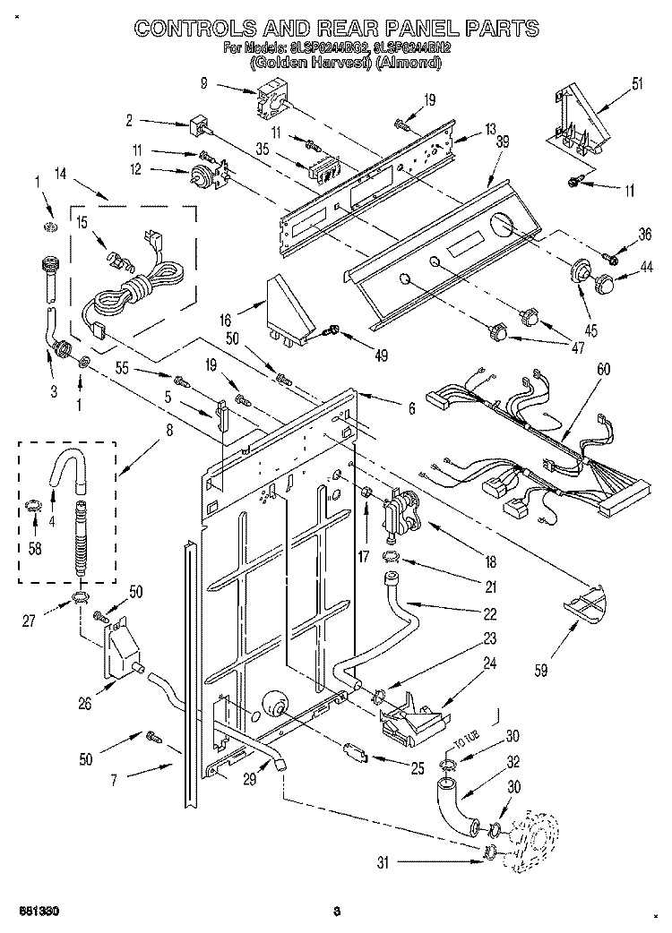 CONTROLS AND REAR PANEL Diagram and Parts List for 8LSP6244BG2  Whirlpool Washer