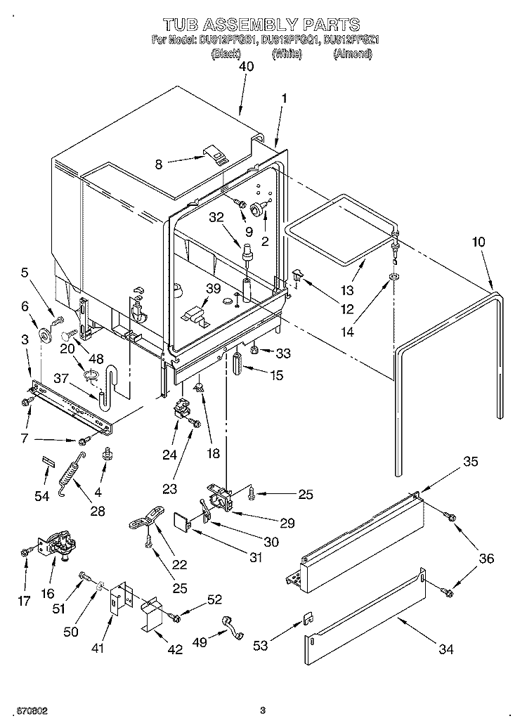 TUB ASSEMBLY Diagram and Parts List for DU912PFGB1  Whirlpool Dishwasher