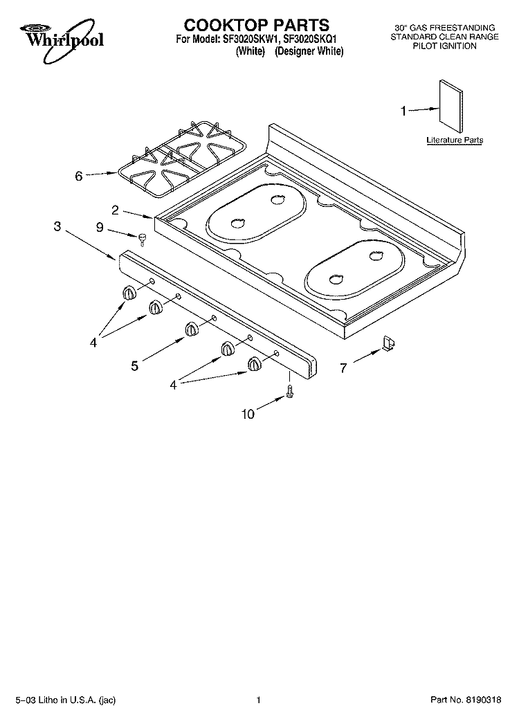 COOKTOP PARTS Diagram and Parts List for SF3020SKQ1  Whirlpool Range