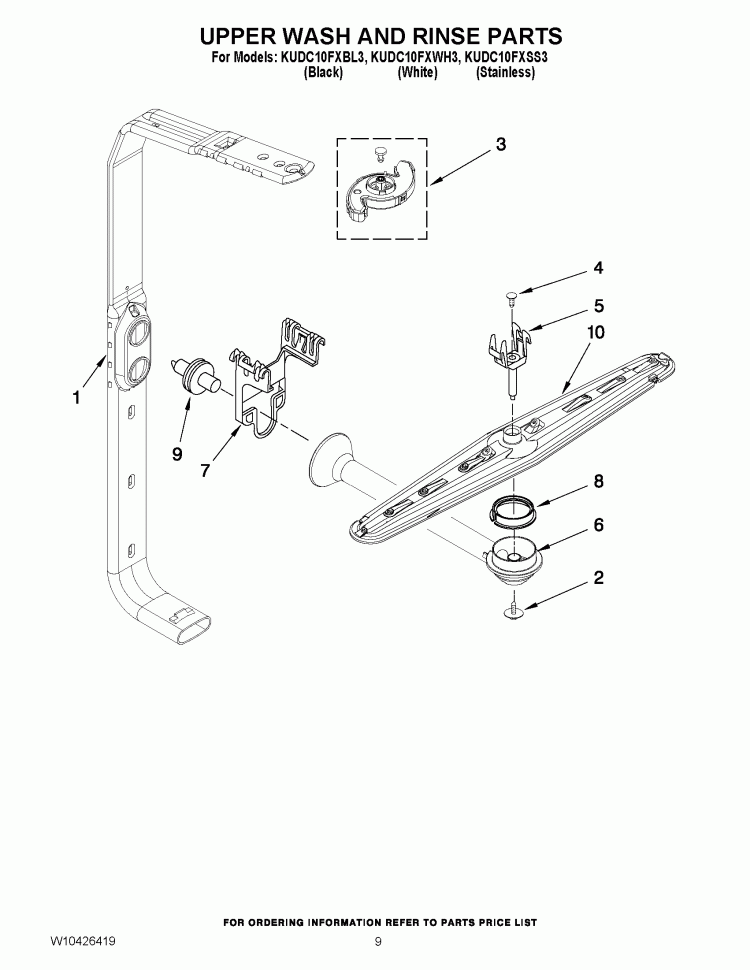 UPPER WASH AND RINSE PARTS Diagram and Parts List for KUDC10FXSS3  KitchenAid Dishwasher
