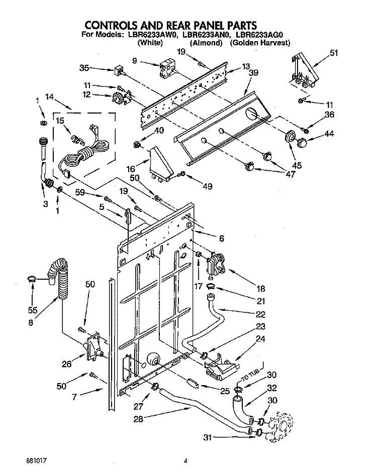 CONTROLS AND REAR PANEL Diagram and Parts List for LBR6233AW0  Whirlpool Washer