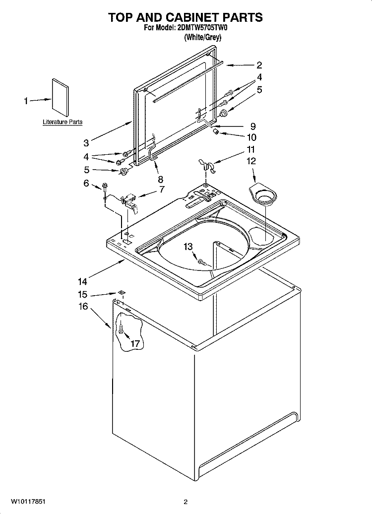 TOP AND CABINET PARTS Diagram and Parts List for 2DMTW5705TW0  Whirlpool Washer