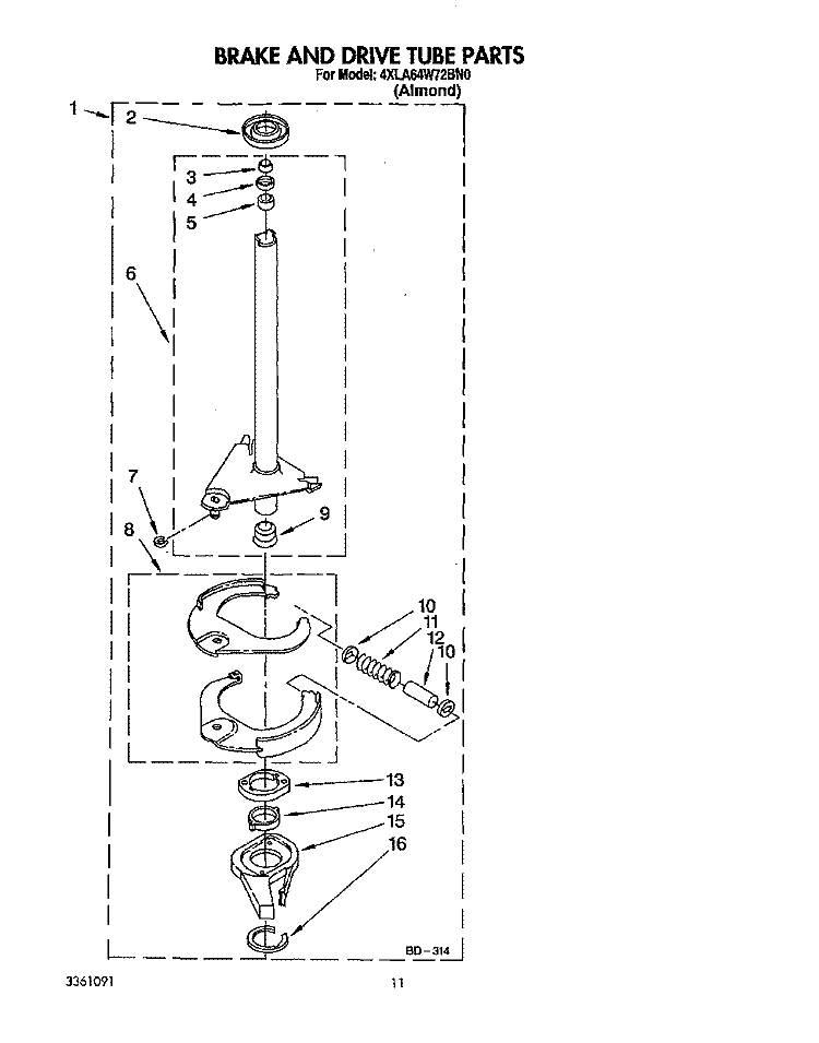 BRAKE AND DRIVE TUBE Diagram and Parts List for 4XLA64W72BN0  Whirlpool Washer
