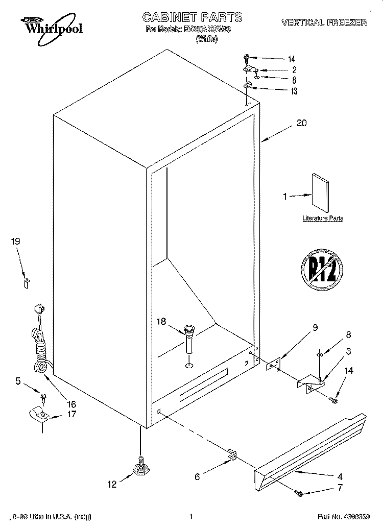 CABINET, LIT/OPTIONAL Diagram and Parts List for EV200NXGW03  Whirlpool Freezer