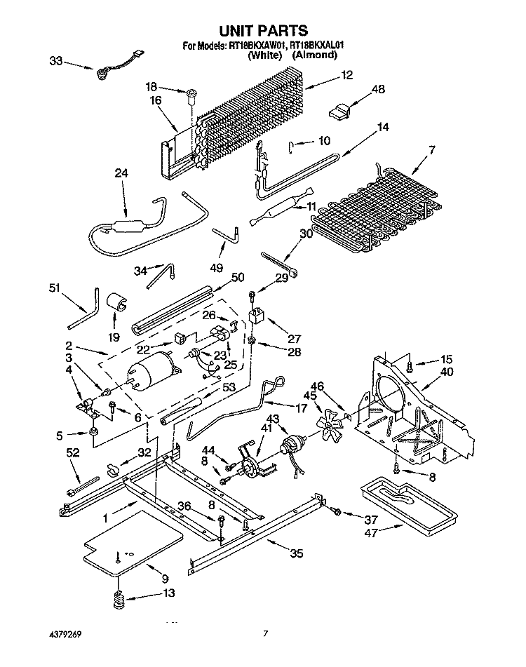 UNIT Diagram and Parts List for RT18BKXAW01  Roper Refrigerator