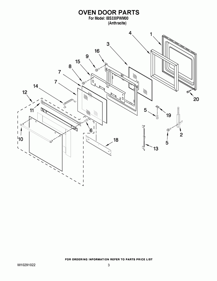 OVEN DOOR PARTS Diagram and Parts List for IBS330PWM00  Whirlpool Wall Oven